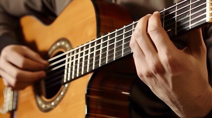 Fototapeta premium Skilled Musician's Hands Passionately Playing Acoustic Guitar with Intricate Finger Work and Expression