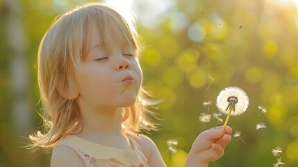 Happy Child Blowing Dandelion Seeds with Carefree Innocence in Lush Outdoor Summer Setting