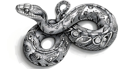 an snake drawing is shown in black and white, in the style of tattoo inspired, tempera, bold outlines. Generative Ai