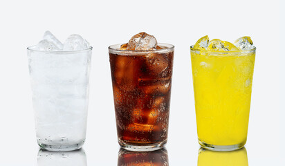 Set of cold soft drink difference flavor Fanta , sprite, Coke  in tall glass cola, soda water,...