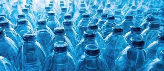 Several azure plastic water bottles are neatly arranged in a line, ready to be filled with refreshing aqua liquid