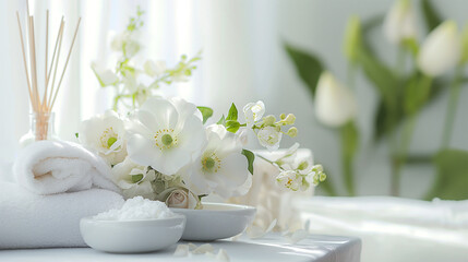 Obraz na płótnie Canvas Beautiful spring white flowers on a wooden table cream and yellow spring love