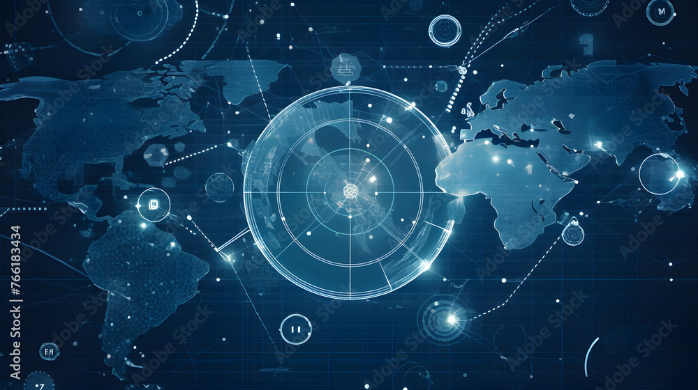 Poster blockchain and bitcoin icon on a world map background