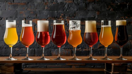 Various types of beer are displayed in a row of glasses, showcasing the different colors and frothy...
