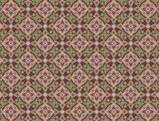 Beautiful fabric pattern, clear pattern, red and yellow tones, mixed Thai pattern.