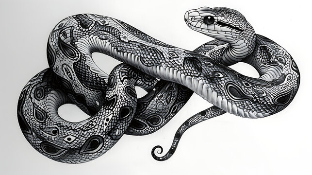 an snake drawing is shown in black and white, in the style of tattoo inspired, tempera, bold outlines. Generative Ai