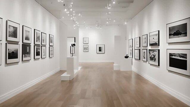 A Minimalist Art Gallery with Black and White Photos on the Walls