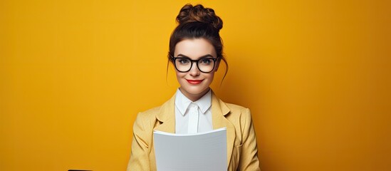 A woman with glasses and a yellow jacket is holding a piece of paper, smiling. Her sleeve covers her wrist as she makes a gesture with her hand - obrazy, fototapety, plakaty