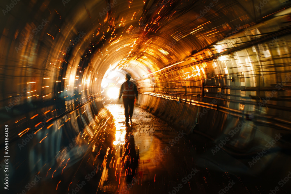 Poster an abstract image of a construction worker at work in a tunnel.