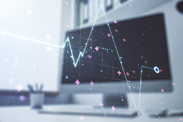 Creative abstract heart pulse hologram and modern desktop with pc on background, online medical...