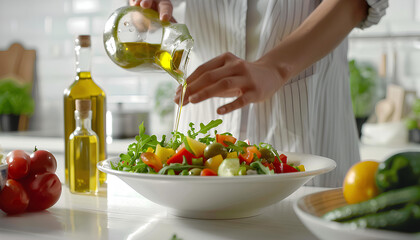 Woman adding olive oil to fresh vegetable salad on table