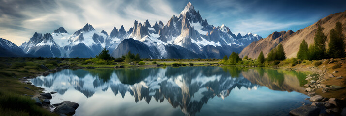 Reflection in Water: Unparalleled Natural Splendor of Imposing Mountains, Tranquil Lake, and Verdant Flora - obrazy, fototapety, plakaty