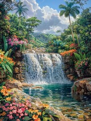 A beautiful waterfall surrounded by lush green trees and flowers. The water is crystal clear and the sky is cloudy. The painting captures the serenity and beauty of nature