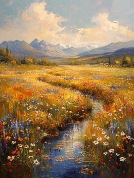 A painting of a field with a river running through it. The painting is full of bright colors and has a peaceful, serene mood