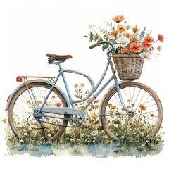 Fototapeta na wymiar A bicycle with a basket full of flowers is painted in a field. The painting conveys a sense of peace and tranquility, as the flowers and the bicycle are both symbols of leisure and relaxation