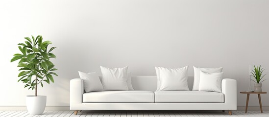 A cozy white couch with soft pillows and a green potted plant placed in a clean and bright white room