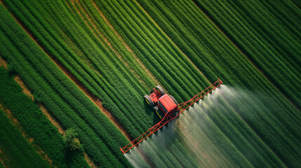 Aerial shot of a tractor spraying pesticide or fertilizer on a green oat field. Agricultural seasonal spring background
