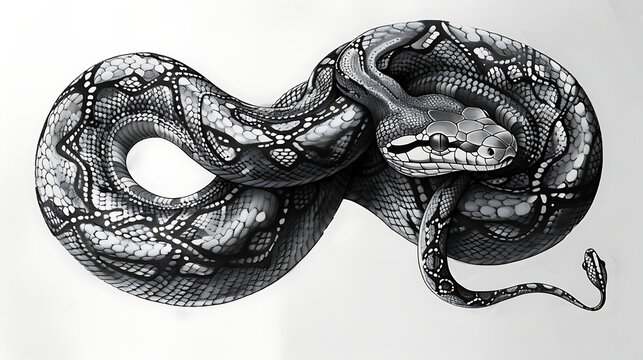 an snake drawing is shown in black and white, in the style of tattoo inspired, tempera, bold outlines. Generative Ai