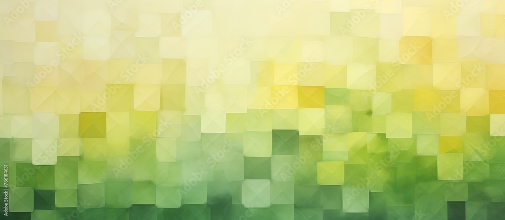 Poster green and yellow squares arranged in an abstract pattern with a blurred effect creating a vibrant an