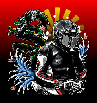 a rider with dragon and water background
