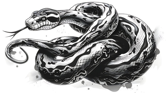 an snake drawing is shown in black and white, in the style of tattoo inspired, tempera, bold outlines. Generative Ai