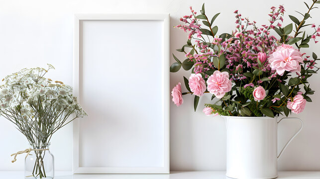 Beautiful flowers in vases with a picture frame on the table