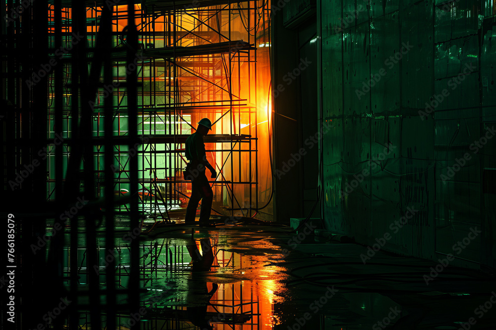 Poster an abstract image of a construction worker at work in a dark building.