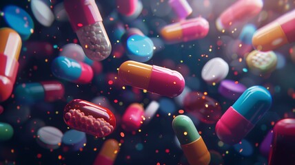 A multitude of vibrant pills soaring through the air with motion blur effect - obrazy, fototapety, plakaty