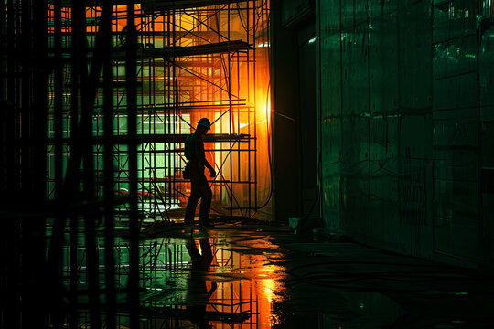An abstract image of a construction worker at work in a dark building.