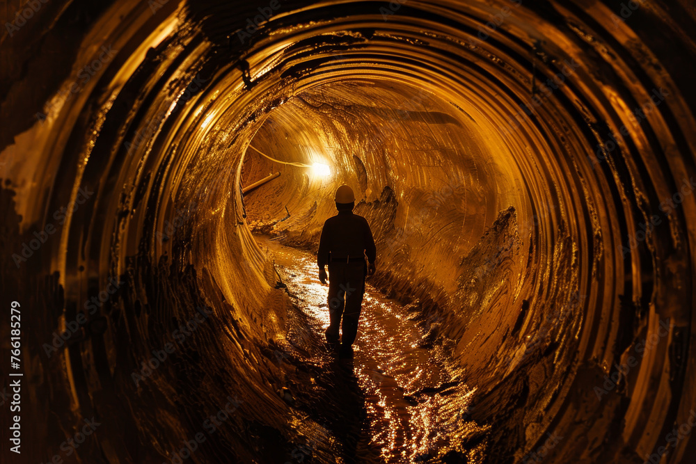 Poster an abstract image of a construction worker at work in a tunnel.