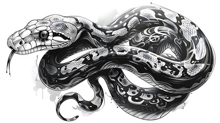 an snake drawing is shown in black and white, in the style of tattoo inspired, tempera, bold outlines. Generative Ai - obrazy, fototapety, plakaty