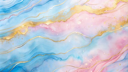 Abstract watercolor paint background with soft pastel pink and blue with gold veins