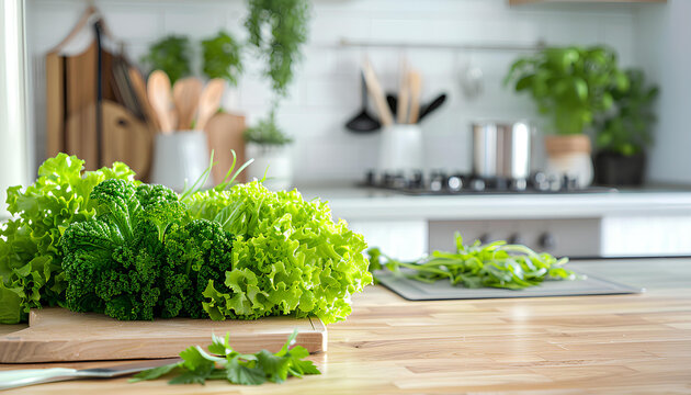 Healthy food cooking concept, front view on fresh green leafy vegetables and kitchen utensils standing on wooden countertop