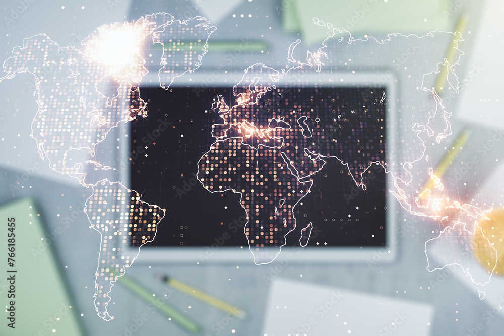 Poster multi exposure of abstract creative digital world map and digital tablet on background, top view, re
