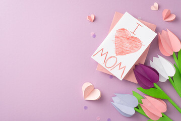 DIY Mother's Day concept: top view of origami tulips, hand-drawn 