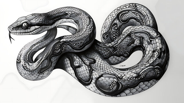an snake drawing is shown in black and white, in the style of tattoo inspired, tempera, bold outlines. Generative Ai