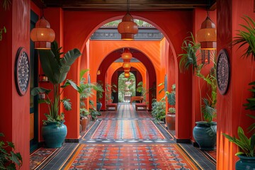 Red-Walled Hallway With Tiled Floor