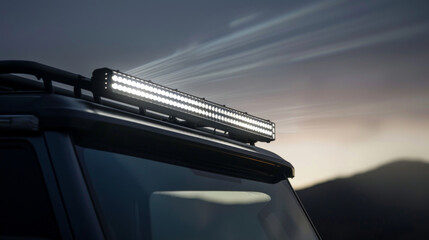 A high-intensity LED light bar, mounted on the roof of the truck, casting a bright beam of light into the darkness