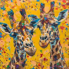 Colorful Giraffe Duo in Abstract Art Style Captured against a Vibrant Spotted Background Perfect for Modern Decor and Prints. AI