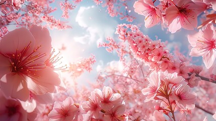 Panoramic view captures a canopy of pink cherry blossoms in a springtime landscape, evoking a sens - obrazy, fototapety, plakaty