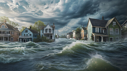 illustration of flooding in the middle of housing with bad weather, due to high rainfall and the habit of throwing rubbish carelessly.