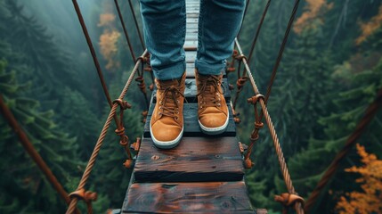 A person overcoming a fear of heights by standing on a high bridge, a personal breakthrough, close-up - obrazy, fototapety, plakaty
