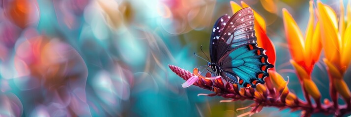 A butterfly perched with vibrant colors and blurred greenery in the background. - obrazy, fototapety, plakaty