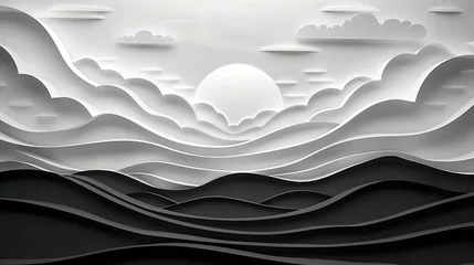 Fototapeten Black and white layered paper cutout of sunset over a flat field with rolling clouds, inside a thin paper frame. Generative Ai © Handz