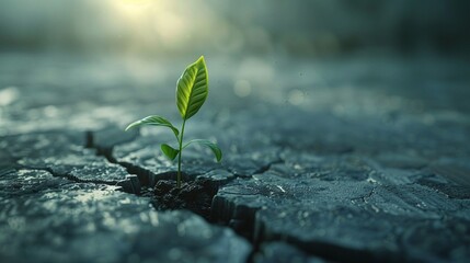 A small plant breaking through concrete, symbolizing growth against adversity, - obrazy, fototapety, plakaty
