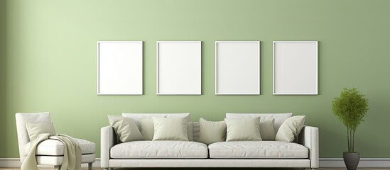 In a cozy living room setting, focus on a couch with three empty frames hanging above for personalized decoration
