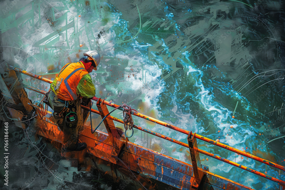 Poster an abstract image of a construction worker at work on a bridge.