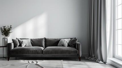 Elegant Modern Living Room Interior Design with Stylish Sofa and Minimalist Decor. Serene Home Comfort in Monochrome Palette. AI
