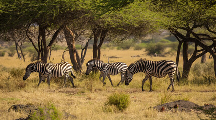 A group of zebras grazing peacefully under the shade of acacia trees in the Tanzanian savanna