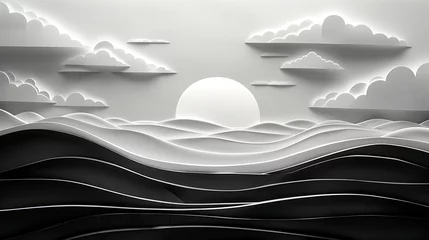 Gardinen Black and white layered paper cutout of sunset over a flat field with rolling clouds, inside a thin paper frame. Generative Ai © Handz